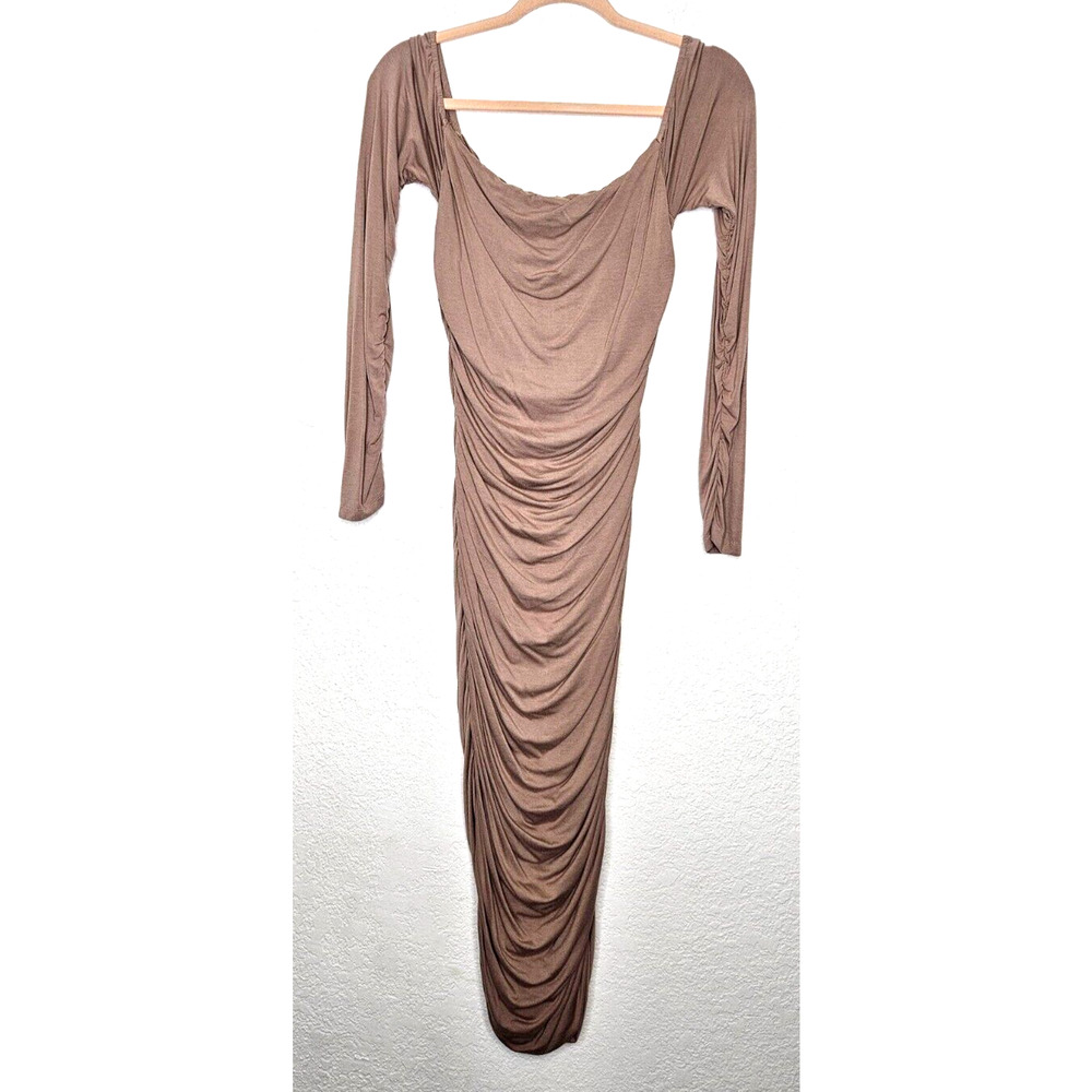 Endless Rose Womens Midi Bodycon Dress Large Taupe Tan Ruched Off Shoulder Sexy